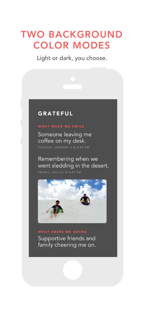 Grateful in dark mode showing journal entries and coral section headers
