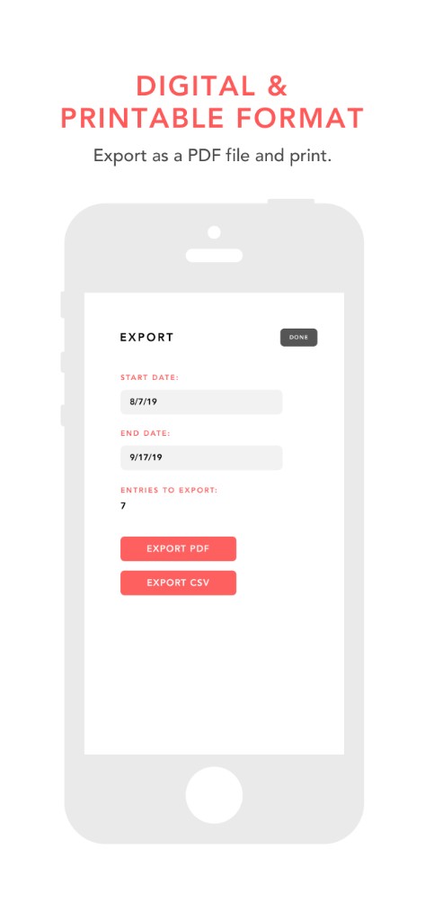 Export screen with start and end dates and Export PDF and Export CSV buttons
