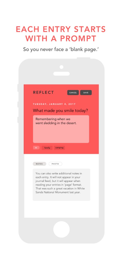 Grateful reflect screen with a daily prompt, answer field, tags, and notes tab